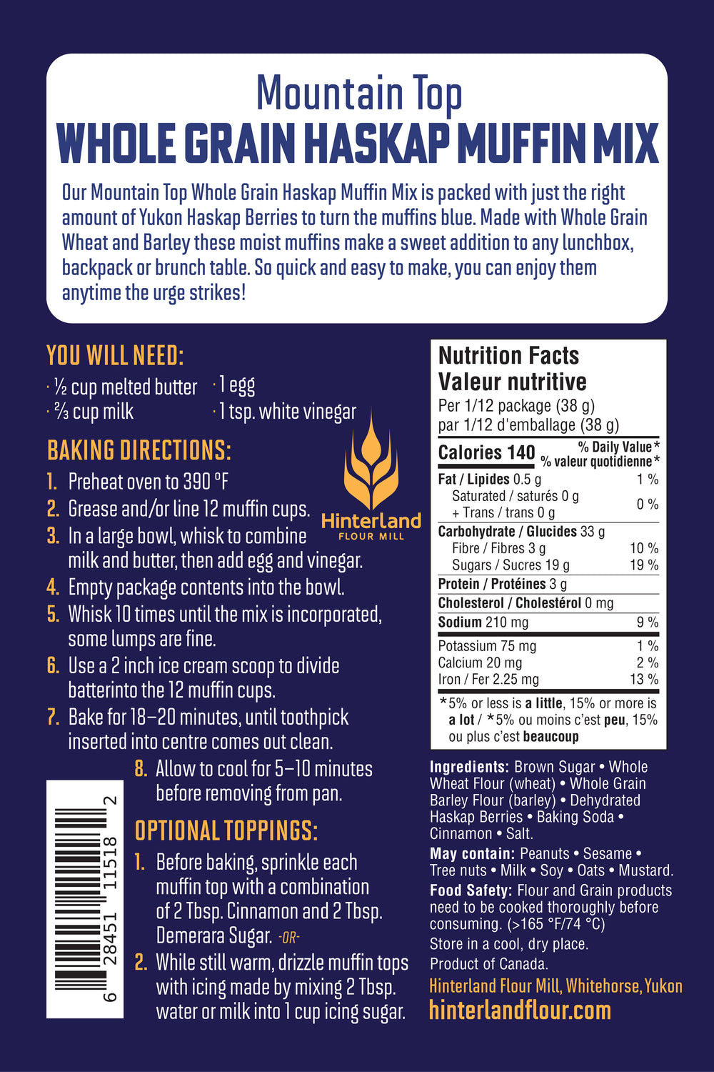 Mountain Top Whole Grain Haskap Muffin Mix Backside