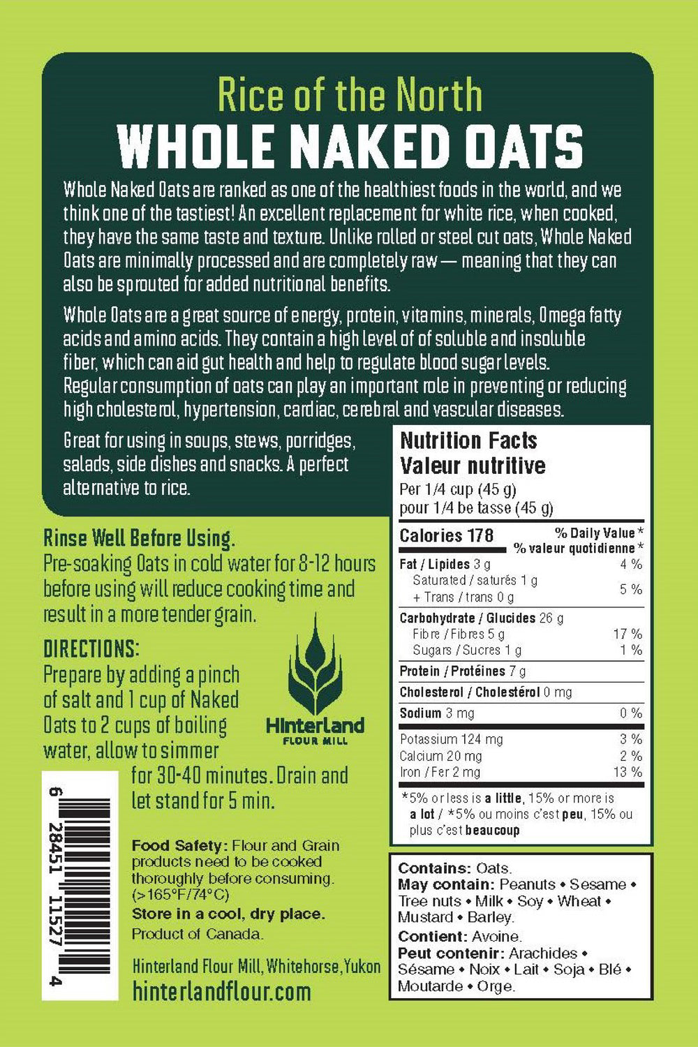 Back label for Rice of the North Whole Naked Oats
